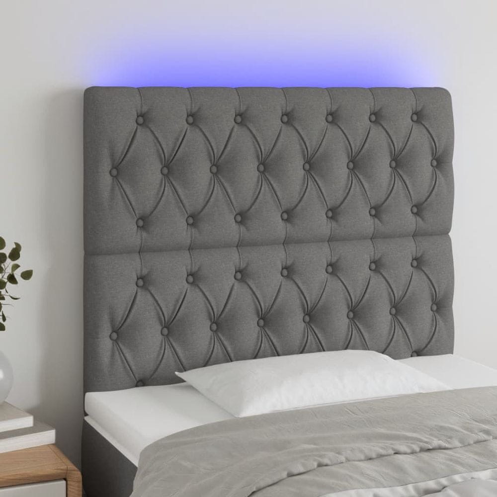 Vidaxl Čelo postele s LED tmavosivé 100x7x118/128 cm látka